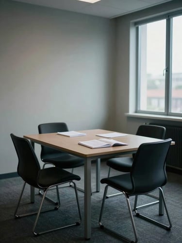 Environmental wide shot of a sparse meeting room, two chairs at a rectangular table, a notepad open, cool window light entering from the right side, documents visible but no people present