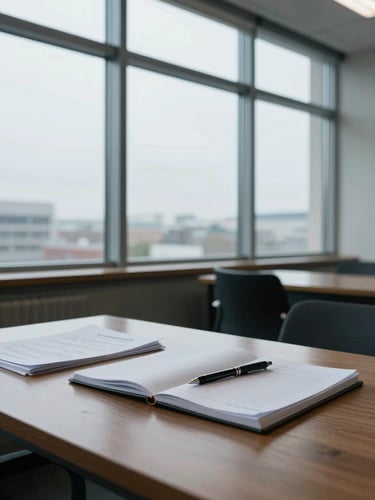 Wide environmental shot of a quiet office interior, a wooden desk covered in documents and a pen resting on an open notebook, diffused natural light from a large north-facing window, cool daylight, no people visible, architectural calm