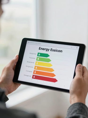 A close-up of a professional domestic energy assessor's hands holding a digital tablet displaying an energy efficiency rating chart, soft overcast daylight, sharp focus, 35mm lens