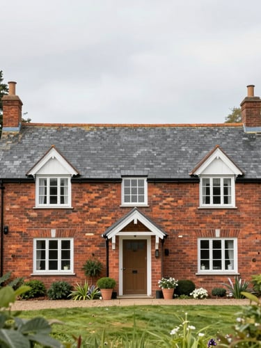 A beautiful brick and slate cottage in East Devon, surrounded by soft green foliage, bright overcast daylight, clean architectural photography, 35mm lens