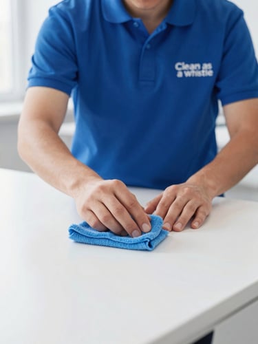 Portrait-oriented, crisp commercial photograph of a uniformed Clean as a Whistle team member meticulously polishing a modern office surface, hands in focus, bright natural daylight, sterile white and deep blue tones
