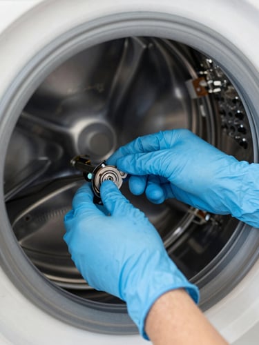 Close-up of a technician's hands wearing clean blue gloves, precisely replacing a mechanical component inside a washing machine, bright natural light