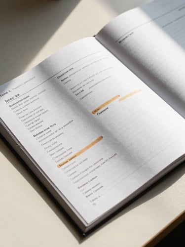 Close-up overhead of a strategy brief spread on a warm cream desk — pages heavily annotated in pencil and amber marker, margin notes visible, a ruled notebook open beside it, natural window light raking across the paper surface
