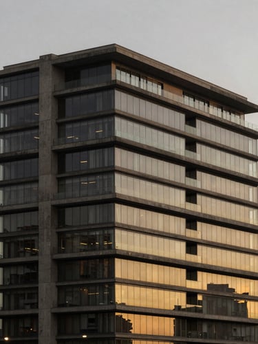 Architectural close-up of a luxury concrete and glass penthouse facade in Sao Paulo, golden hour twilight, desaturated graphite and warm gold tones, medium format lens, minimalist composition