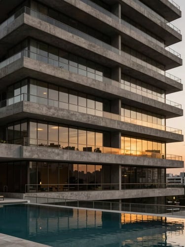 Architectural close-up of a luxury concrete and glass penthouse facade in São Paulo at sunset, warm twilight lighting reflecting on minimalist pool, desaturated graphite tones.