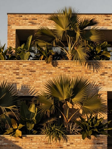 Architectural close-up of a premium residential facade in Jardins, featuring warm exposed brick integrated with dense tropical vegetation, soft golden hour sunlight filtering through leaves, medium format lens.
