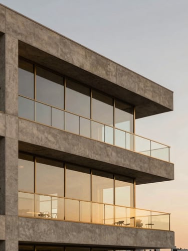 Architectural close-up of a modern luxury penthouse in São Paulo at golden hour, clean concrete lines, warm brass accents, expansive glass reflecting a soft twilight sky
