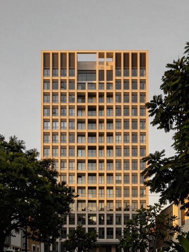 Architectural perspective of a luxury building facade in Vila Nova Conceição, framed by lush green trees, soft golden hour twilight, medium format lens, minimalist composition.