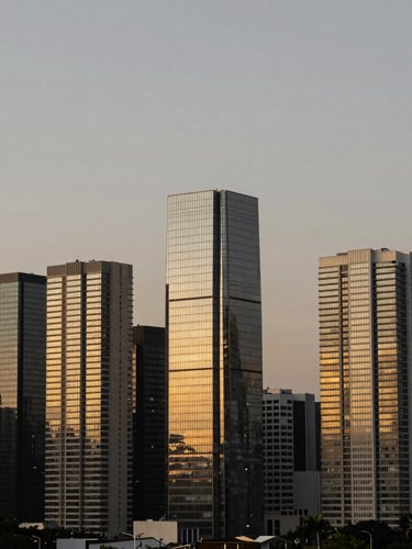 Wide-angle architectural shot of the modern Itaim Bibi skyline in São Paulo at twilight, towering glass and brushed steel skyscrapers reflecting golden hour light, clean composition, high-end editorial photography