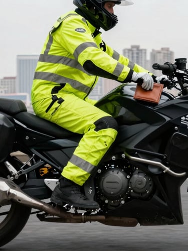 Low-angle dynamic shot of a professional motorcycle courier wearing high-visibility gear, securing a leather document pouch onto a modern black motorcycle. High contrast urban lighting, overcast daylight, Ataşehir skyline blurred in the background.