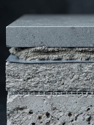 Extreme macro cross-section of an engineered ceramic tiling system, showing technical layers of substrate adhesive, waterproofing membrane, and thick slate-gray porcelain tile under sharp architectural lighting.