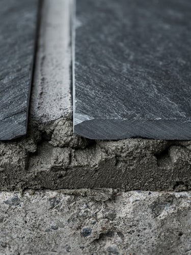 Extreme macro technical detail of layered ceramic tile installation, showing concrete substrate, adhesive mortar, and high-performance slate tile, crisp architectural daylight, cool gray tones, high contrast, 35mm lens