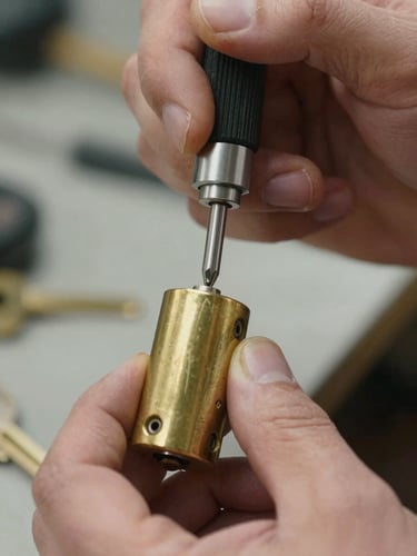 Tight close-up of a locksmith’s hands using a precision tool to rekey a commercial brass mortise cylinder, natural daylight, technical focus.