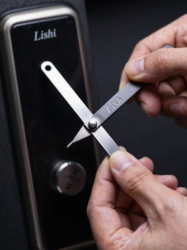Tight macro shot of hands using a precision Lishi lock pick on a modern deadbolt under high-contrast nighttime streetlights, technical focus, shallow depth of field.
