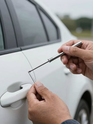Close-up of a locksmith's hands using a precision Lishi pick to safely unlock a car door, natural overcast daylight.