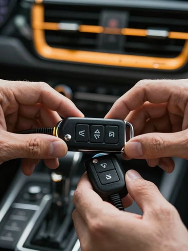 Macro high-contrast shot of hands using a technical transponder key programmer inside a vehicle cabin, dashboard lights casting a sharp amber glow