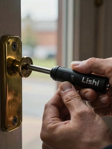 Tight macro shot of a locksmith's hands using a professional Lishi tool to rekey a modern brass deadbolt, overcast Cleveland daylight filtering through a doorway, shallow depth of field.