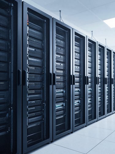 Ultra-wide, structured architectural shot of physical server racks in a modern data center, high-contrast cool-toned blue and white studio lighting, clean perspective lines, no people.