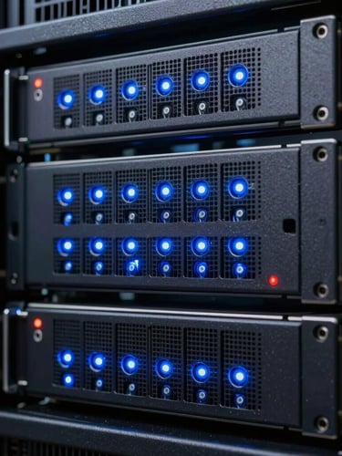 Macro close-up of high-performance server rack architecture, cool blue LED indicators, structured physical data center layout, high contrast.
