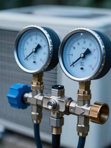 Macro shot of a high-tech digital manifold gauge connected to a clean outdoor AC unit, showing precise pressure measurements in cool blue tones.