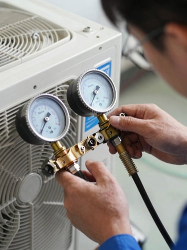 Macro shot of a certified technician servicing a clean Midea AC unit, using digital manifold gauges under cool bright lighting, focus on technical precision