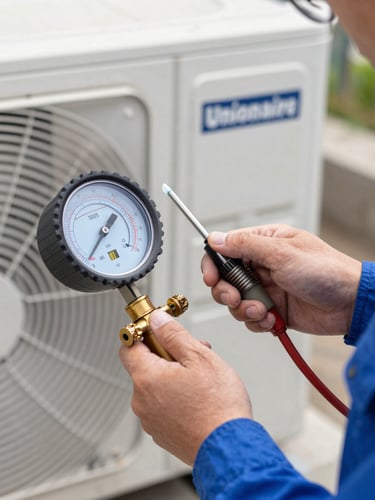 Macro shot of a certified technician in a crisp blue uniform using a digital manifold gauge to check pressure on a modern Unionaire AC outdoor unit, cool bright daylight, professional and technical atmosphere.