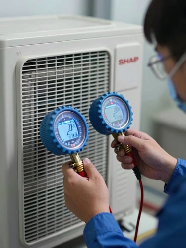 A close-up shot of a certified technician in a clean uniform servicing a Sharp indoor AC unit, using a digital manifold gauge with cool blue lighting reflecting off the clean coils.
