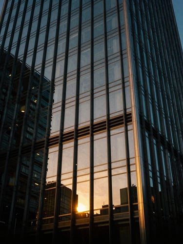 A low-angle dramatic architectural photograph of a modern glass skyscraper reflecting the golden hour sun, deep twilight shadows, premium obsidian tones, 35mm film aesthetic.