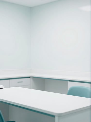 Bright modern clinical consultation room, clean white desks, sterile teal accents, high-key daylight, sharp focus.