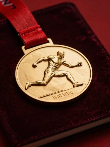 Close-up of an official gold medal resting on a dark velvet ledger, dramatic low-key lighting, crimson reflections, sharp focus.