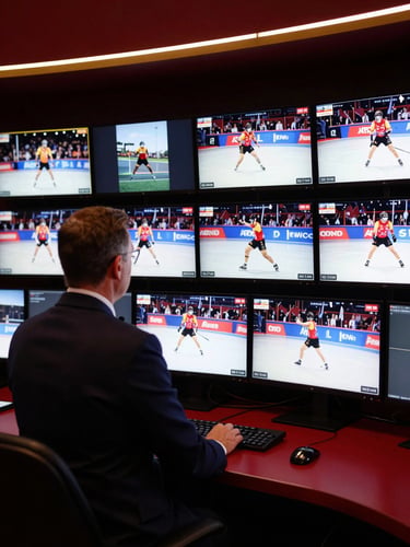 An official sports adjudicator in a dark blazer reviewing physical evidence and video reels on high-definition monitors in a dimly lit, sophisticated Sydney office.
