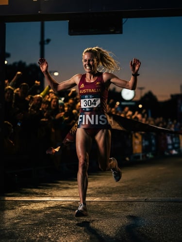 Dramatic low-key action shot of an Australian marathon runner crossing the finish line at dusk, high-contrast chiaroscuro, golden hour highlights, deep crimson tones, 35mm lens.