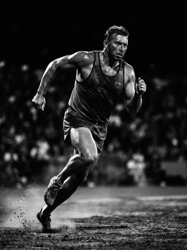 Dramatic black and white portrait of a legendary Australian athlete, high-contrast chiaroscuro lighting, deep shadows, gold dust highlights, 35mm lens.
