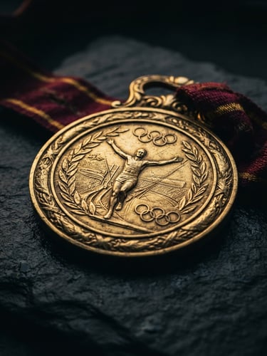 Dramatic close-up of an official gold medal with intricate engravings, resting on dark slate under sharp golden hour light, shallow depth of field.