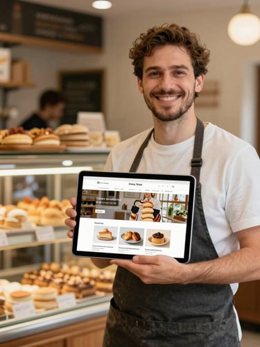 A warm, natural light shot of an Italian bakery owner smiling in her shop, holding a tablet displaying a modern clean website mockup, soft background, 35mm lens