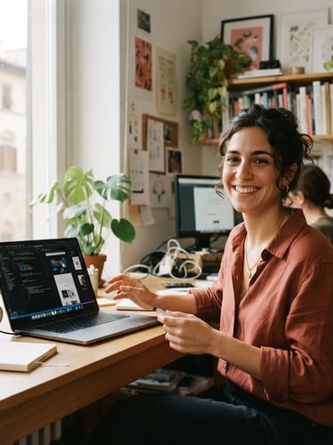 Warm editorial portrait of a professional Italian web designer in a bright, daylight-filled studio with a laptop, smiling warmly, 35mm lens, soft shadows.