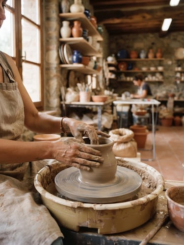 Warm daylight photo of a modern Italian ceramic workshop, an artisan's hands shaping clay on a wheel in the foreground, soft natural window light