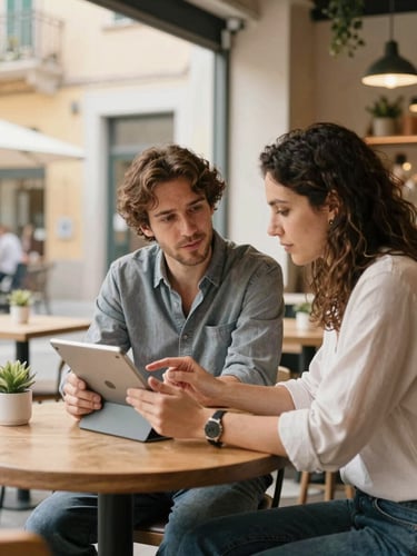 An Italian web designer working closely with a local business owner in a cozy cafe, discussing ideas on a tablet, warm natural light, authentic lifestyle photography