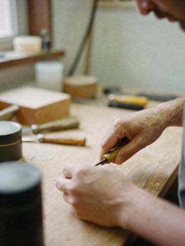 Close-up of hands working with tools in an Italian artisan workshop, warm natural daylight, soft focus, authentic environment.
