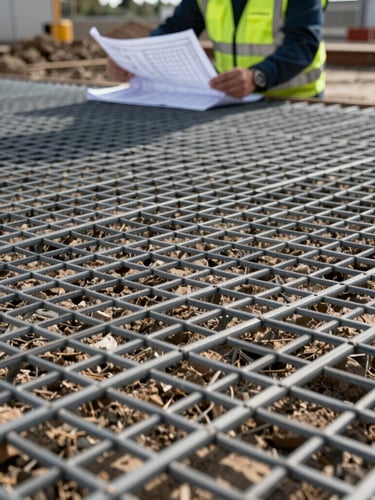 Close-up texture of high-tensile geogrid material over stabilized soil, civil engineer in safety gear reviewing blueprints in background, sharp focus, dramatic daylight.