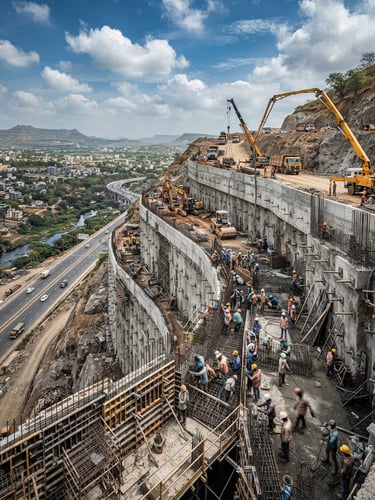 Dramatic wide-angle construction site of a massive highway retaining wall in India, high-contrast daylight, technical engineering focus.