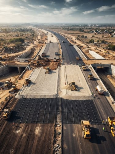 Wide-angle aerial shot of a massive multi-lane Indian highway under construction, showcasing layered soil stabilization grids beneath the aggregate, dramatic daylight.