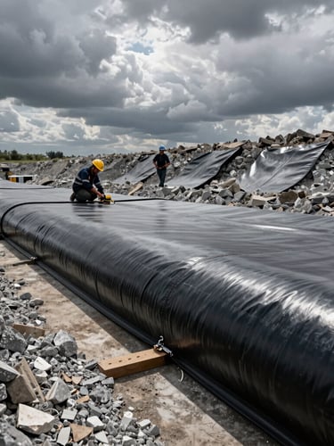 Cross-section of a municipal landfill containment cell, showing a thick black HDPE geomembrane sheet being welded by technicians under dramatic overcast sky.