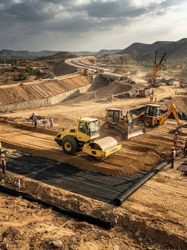 Wide-angle architectural shot of a massive highway construction site in India, heavy machinery compacting subgrade soil over high-tensile geotextile layers, dramatic daylight, high-contrast industrial tones.