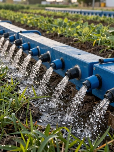 Primer plano técnico de un emisor de goteo de alta precisión instalado en suelo fértil de Veracruz, gotas de agua saliendo perfectamente calibradas, luz natural de tarde
