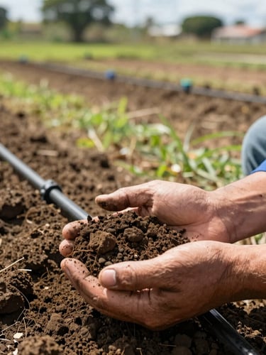 Close-up documentary shot of a soil engineer in Veracruz examining rich dark earth in his hands, modern drip irrigation lines visible in the blurred background, bright natural morning light, 35mm.
