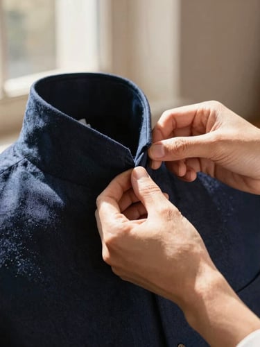 Close-up of a tailor's hands carefully aligning a deep navy linen collar, warm natural daylight streaming through a workshop window, sharp focus on fabric texture