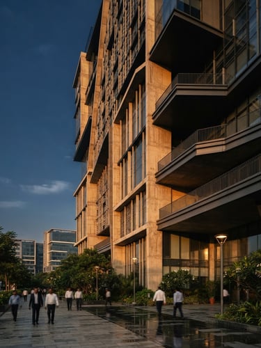 A clean, architectural perspective of a modern Hyderabad business hub with sharp lines and warm golden-hour light hitting the concrete facade.