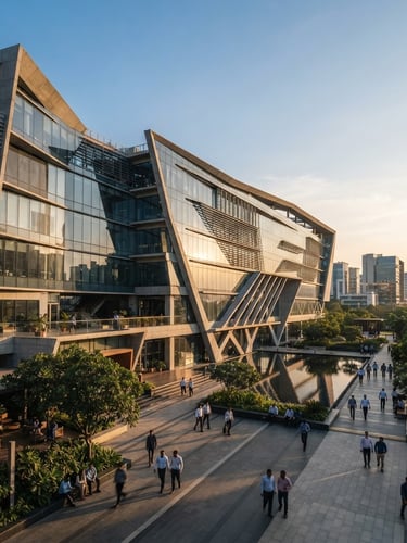 Wide architectural view of a modern tech hub in Hyderabad, sharp geometric lines of glass and concrete, warm golden-hour daylight casting long shadows, professional atmosphere.