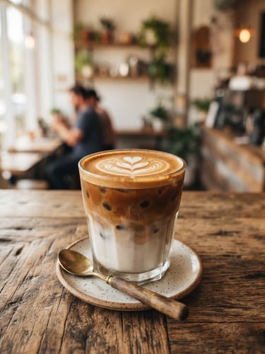 A vibrant iced coffee with latte art on a rustic wooden table, soft natural window light, inviting cafe background, shallow depth of field, 35mm, warm editorial food photography